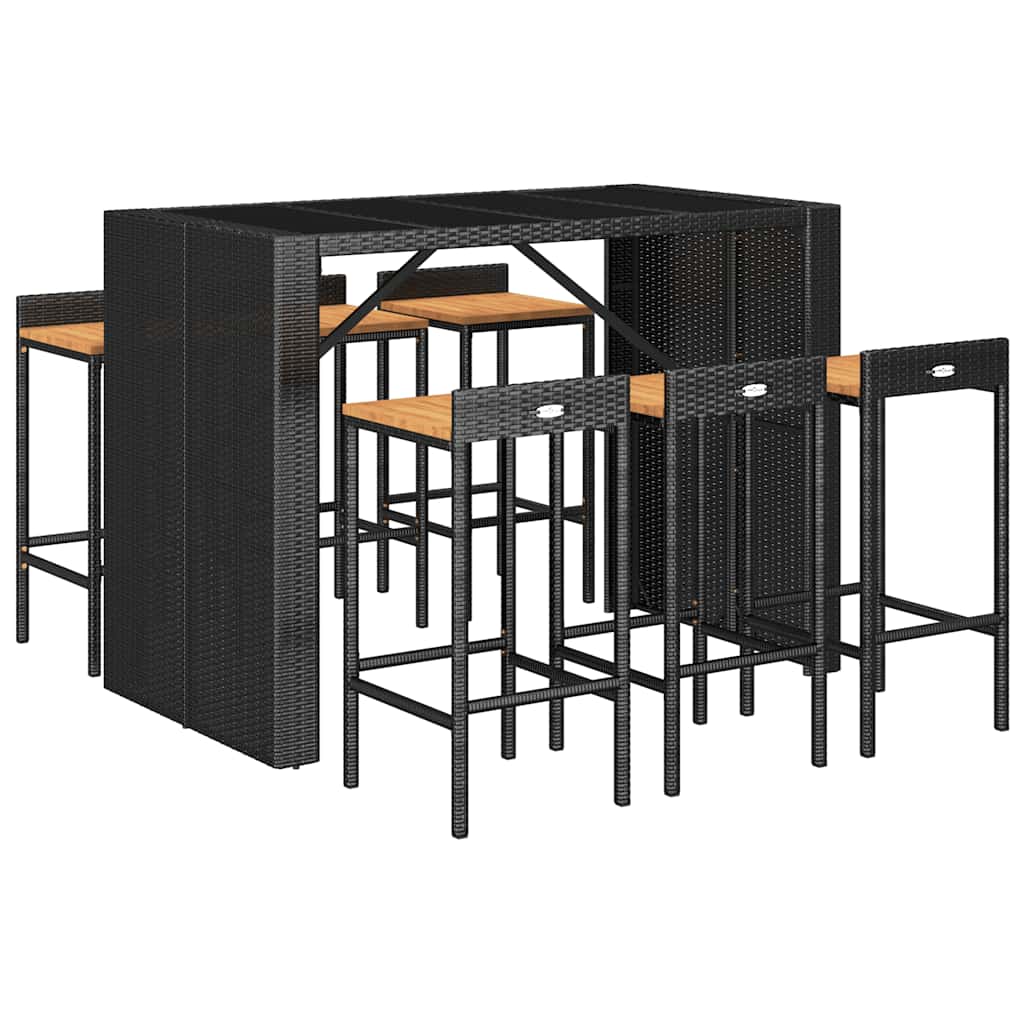Ensemble de bar jardin 7 pcs noir poly rotin/bois massif acacia