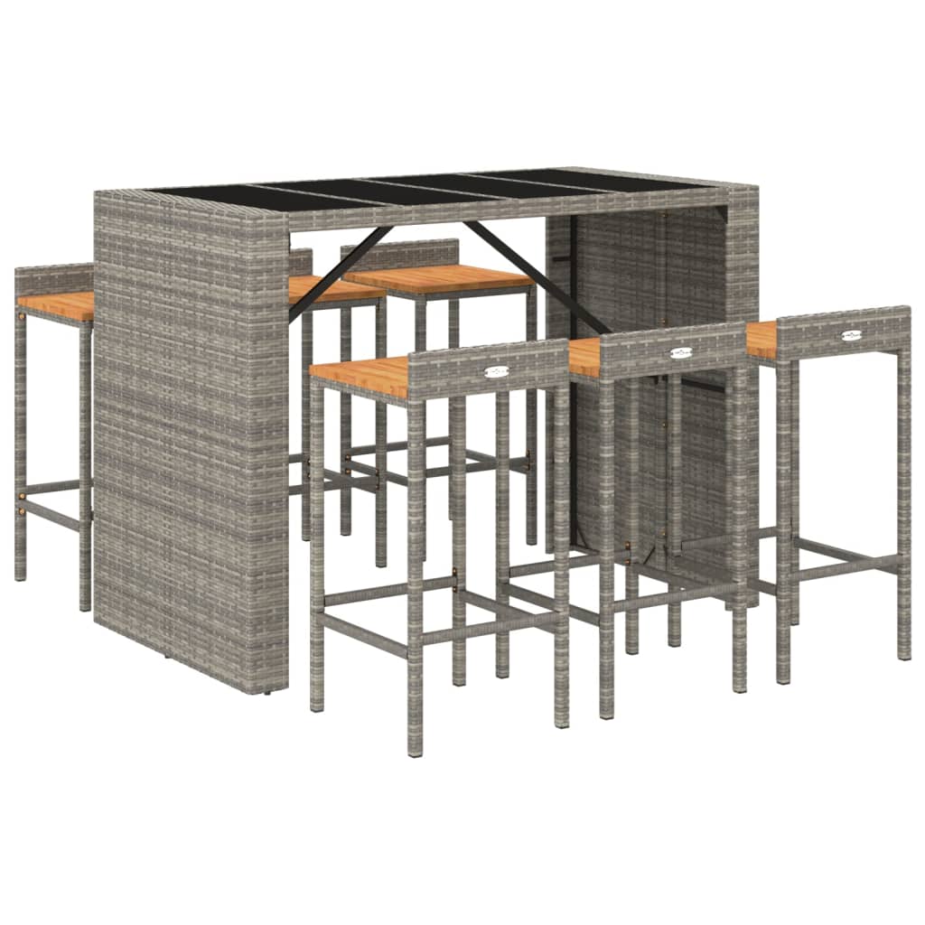 Ensemble de bar jardin 7 pcs gris poly rotin/bois massif acacia