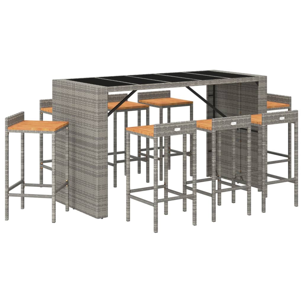 Ensemble de bar jardin 9 pcs gris poly rotin/bois massif acacia