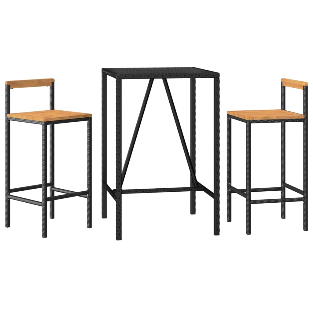 Ensemble de bar jardin 3 pcs noir poly rotin/bois massif acacia
