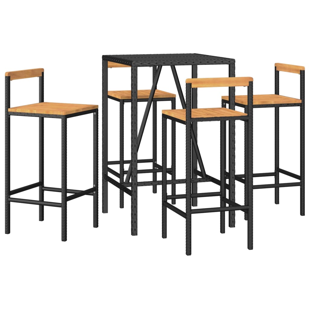 Ensemble de bar jardin 5 pcs noir poly rotin/bois massif acacia