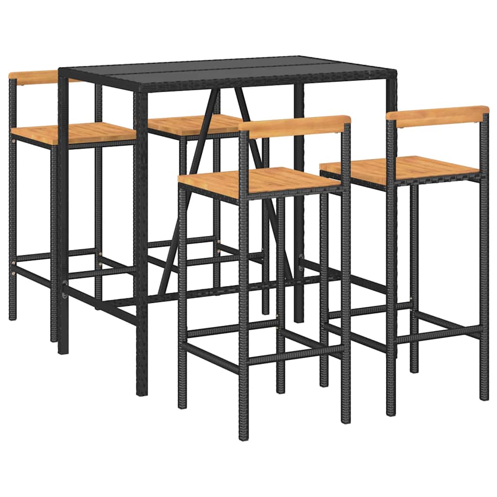 Ensemble de bar jardin 5 pcs noir poly rotin/bois massif acacia
