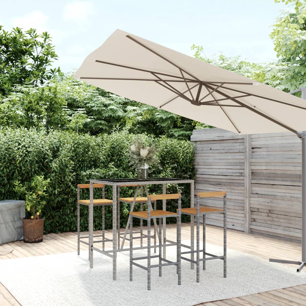 Ensemble de bar jardin 5 pcs gris poly rotin/bois massif acacia