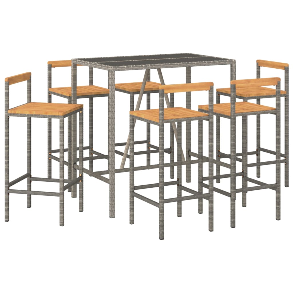 Ensemble de bar jardin 7 pcs gris poly rotin/bois massif acacia