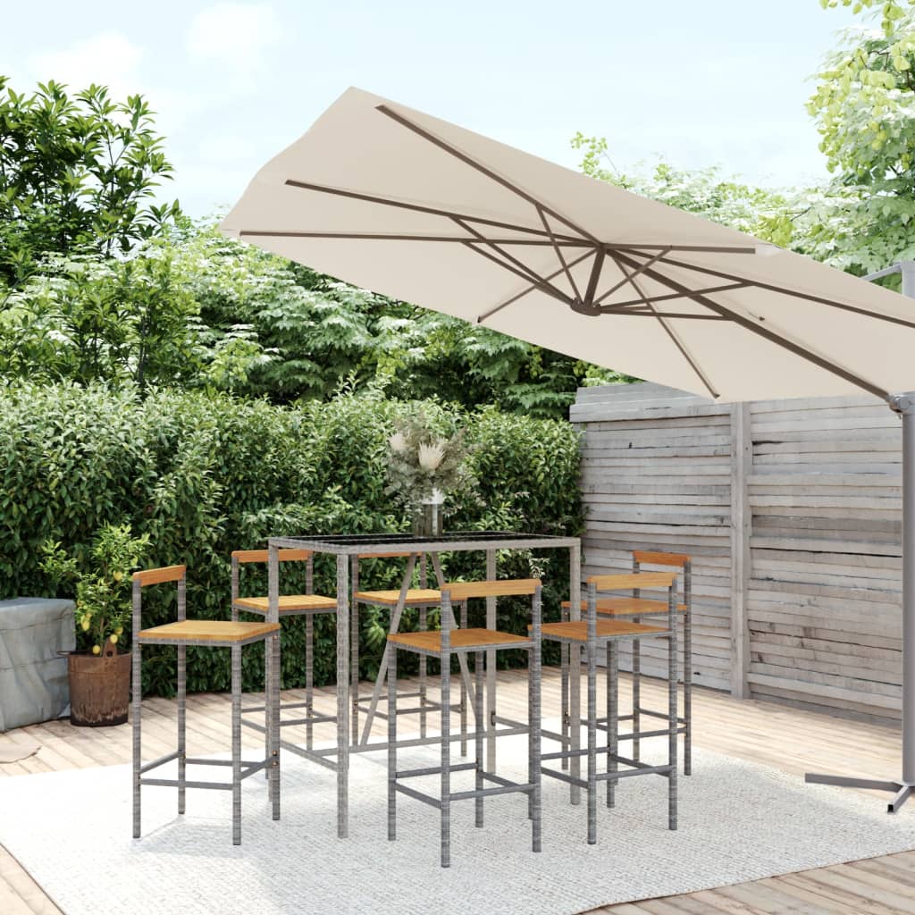 Ensemble de bar jardin 7 pcs gris poly rotin/bois massif acacia