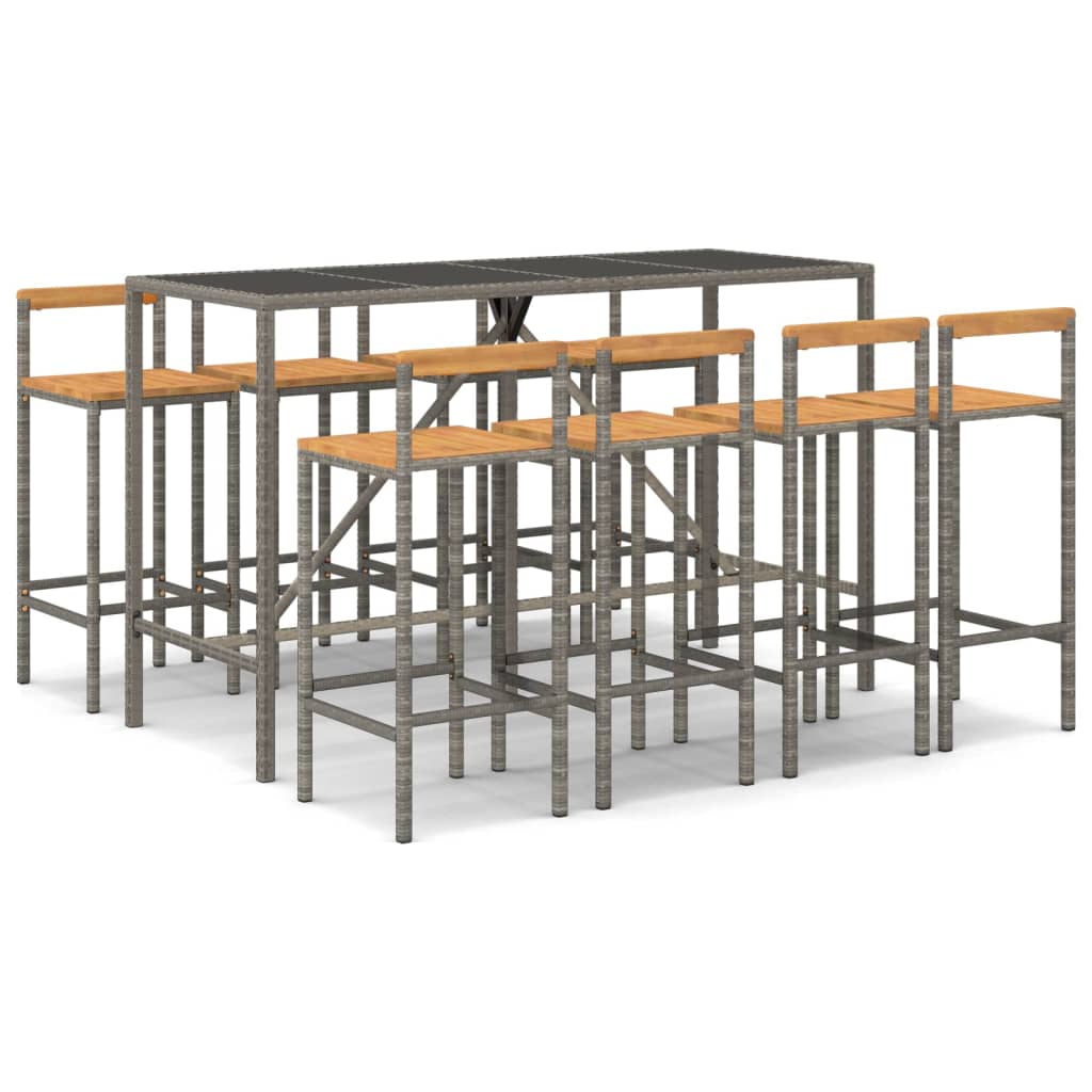 Ensemble de bar jardin 9 pcs gris poly rotin/bois massif acacia