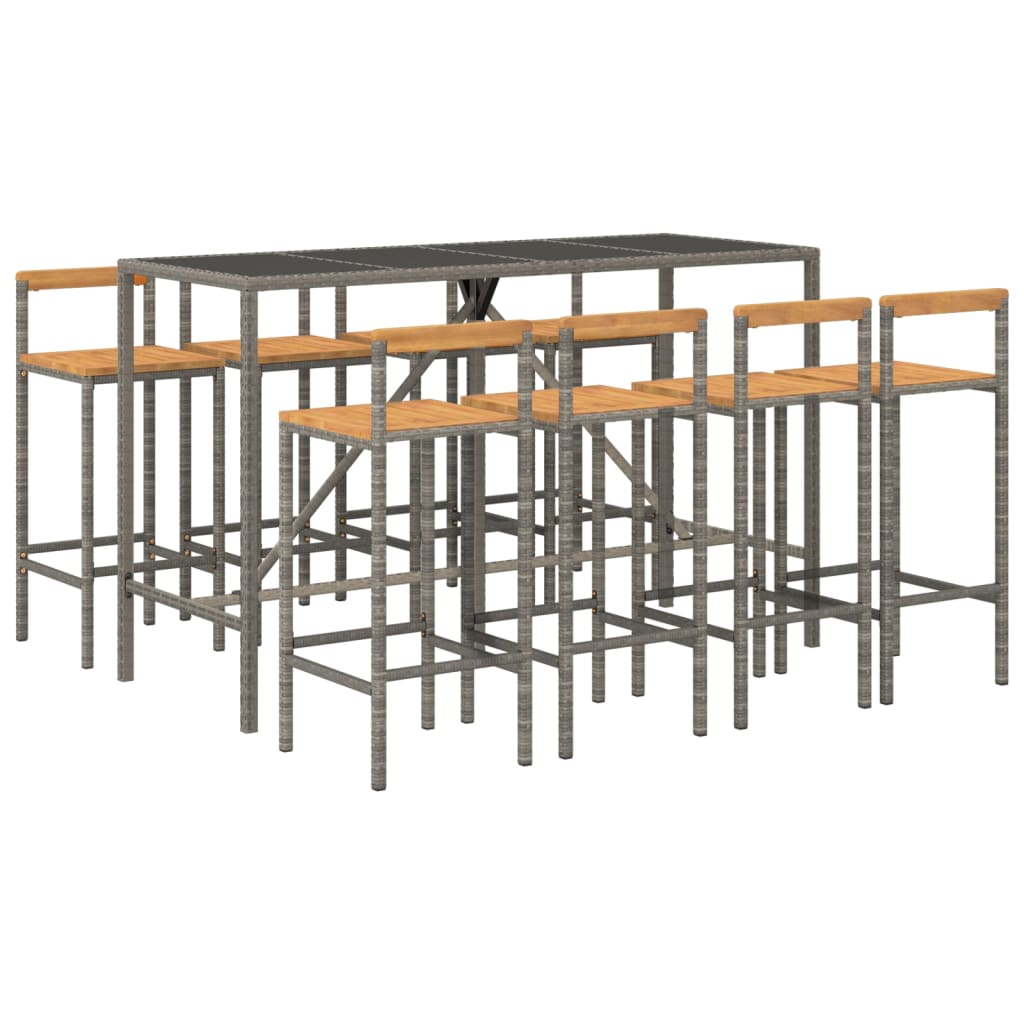 Ensemble de bar jardin 9 pcs gris poly rotin/bois massif acacia