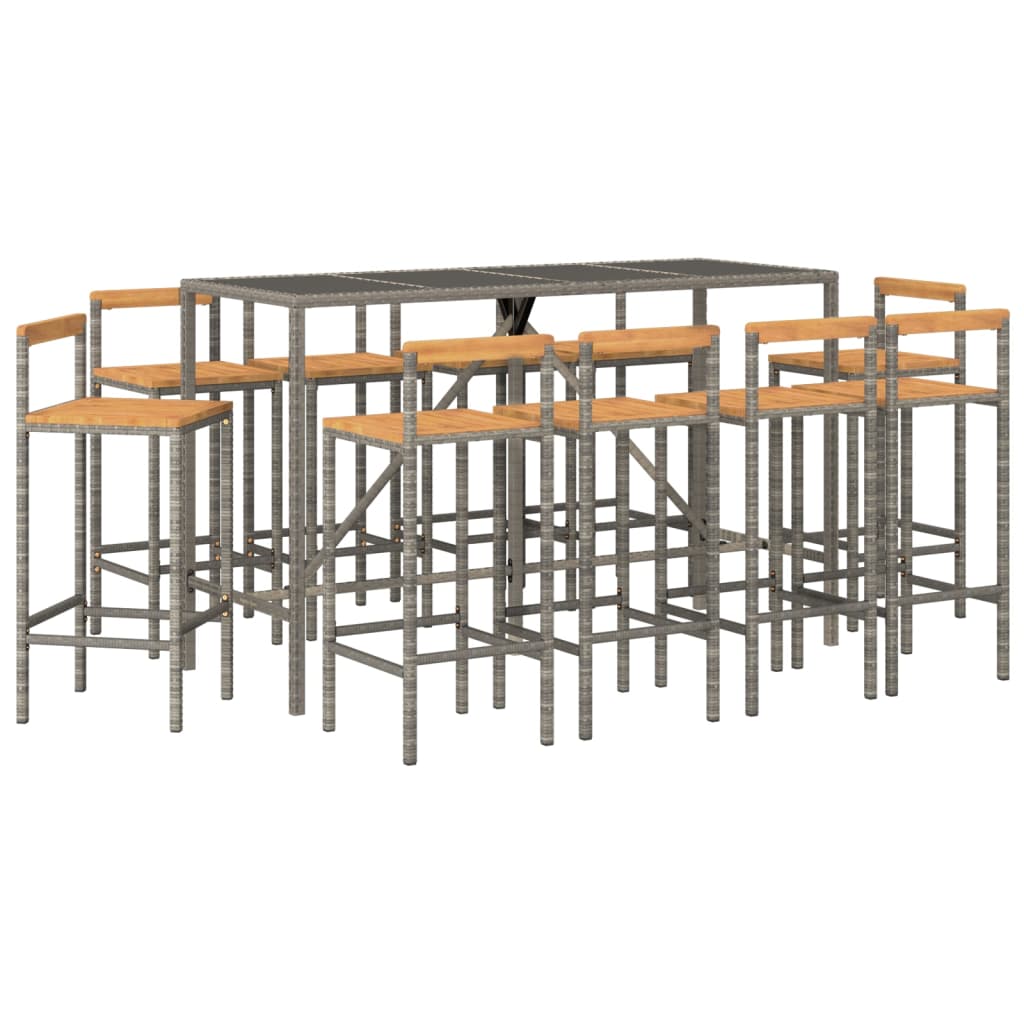 Ensemble de bar jardin 11pcs gris poly rotin/bois massif acacia
