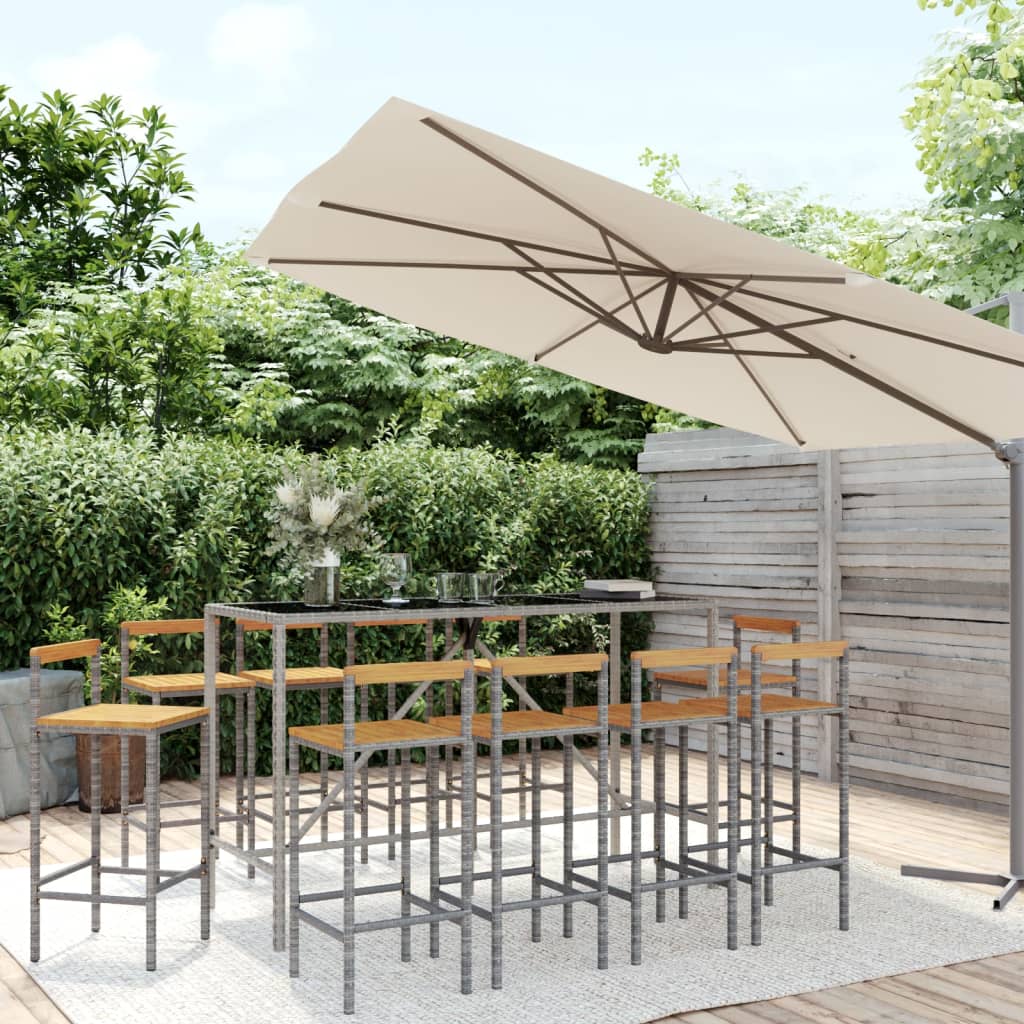 Ensemble de bar jardin 11pcs gris poly rotin/bois massif acacia