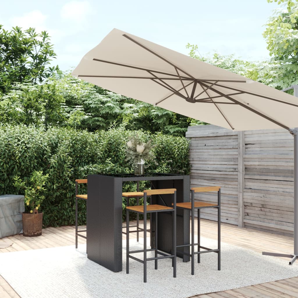 Ensemble de bar jardin 5 pcs noir poly rotin/bois massif acacia