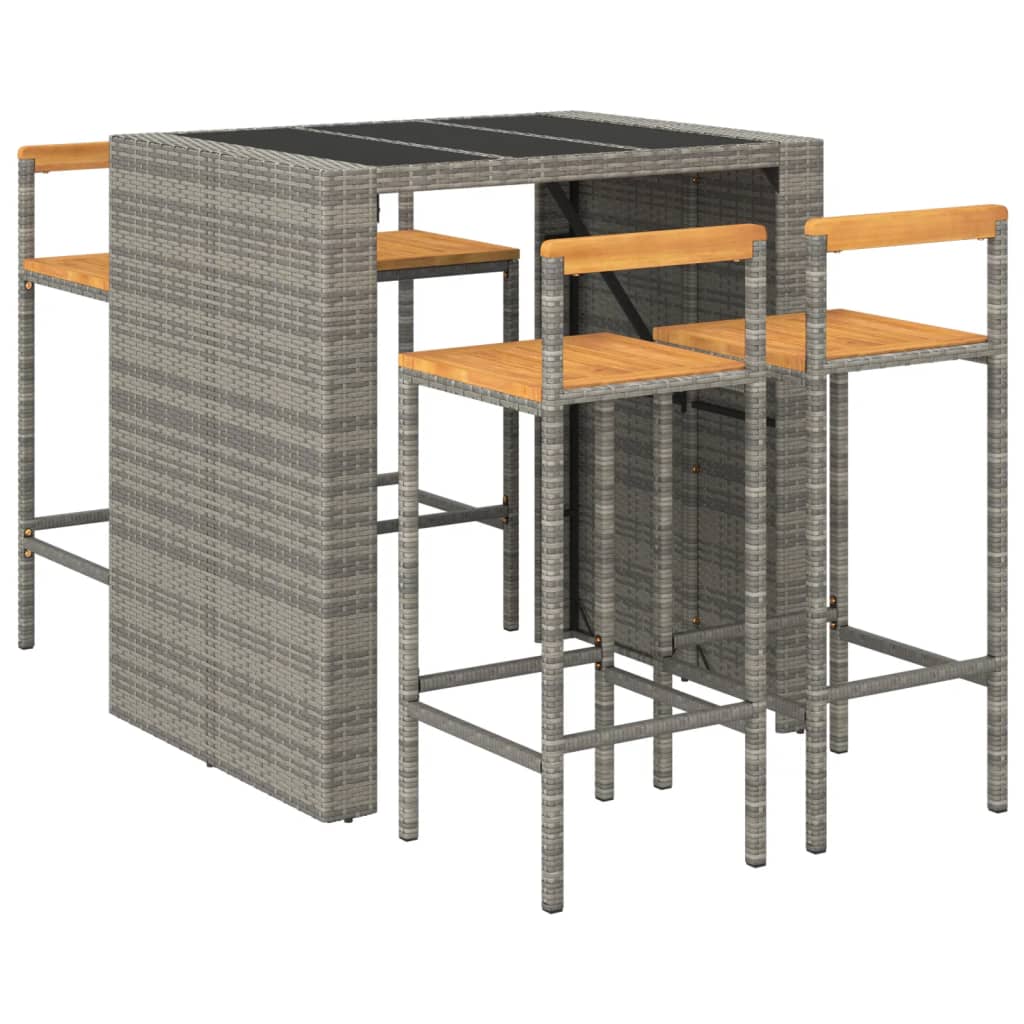 Ensemble de bar jardin 5 pcs gris poly rotin/bois massif acacia