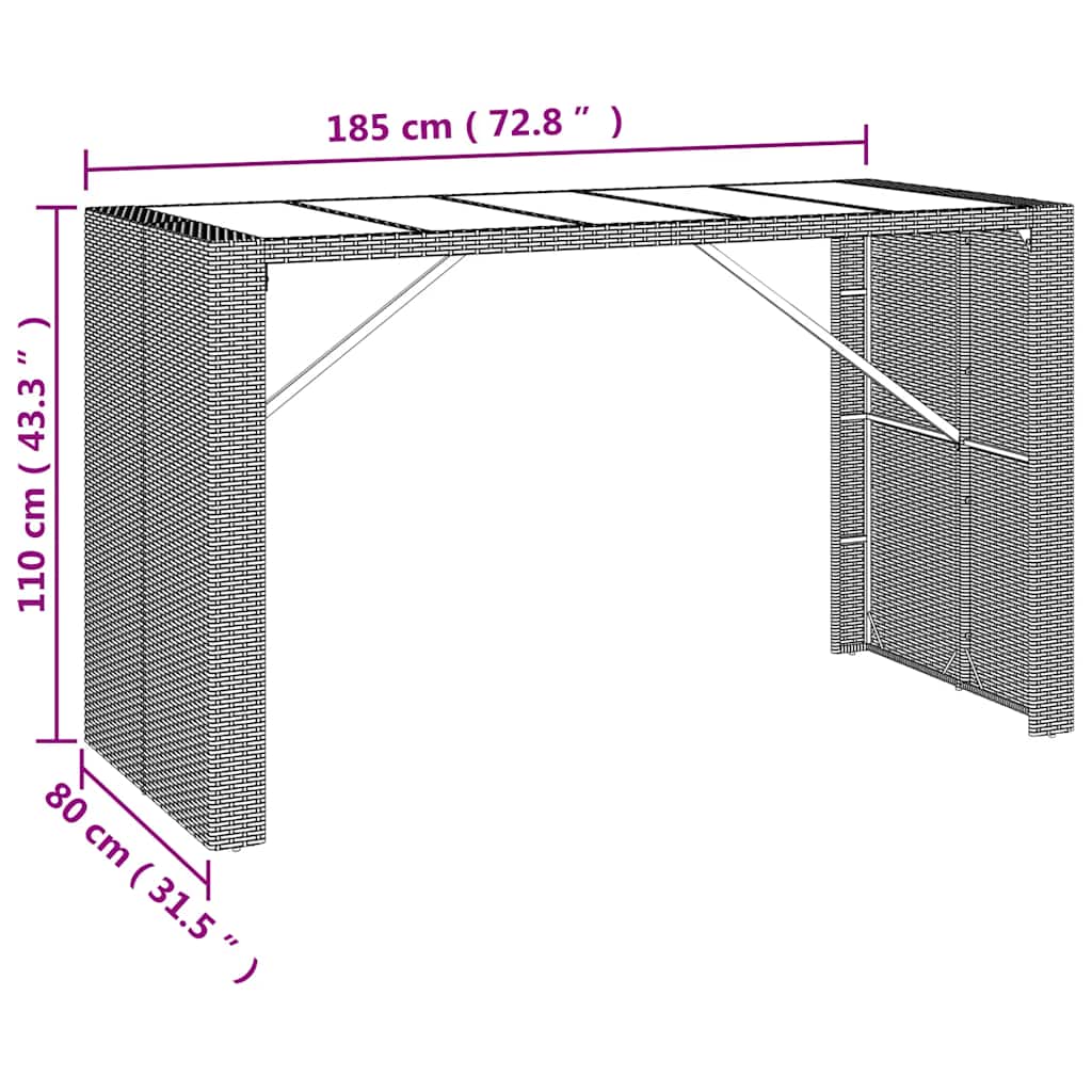 Ensemble de bar jardin 9 pcs noir poly rotin/bois massif acacia