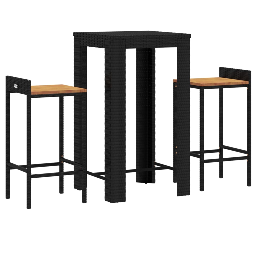Ensemble de bar jardin 3 pcs noir poly rotin/bois massif acacia