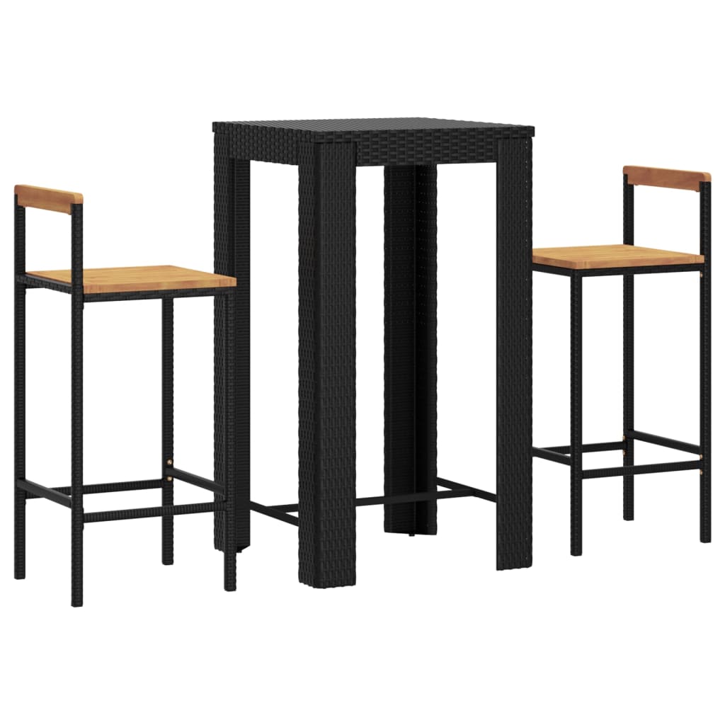 Ensemble de bar jardin 3 pcs noir poly rotin/bois massif acacia