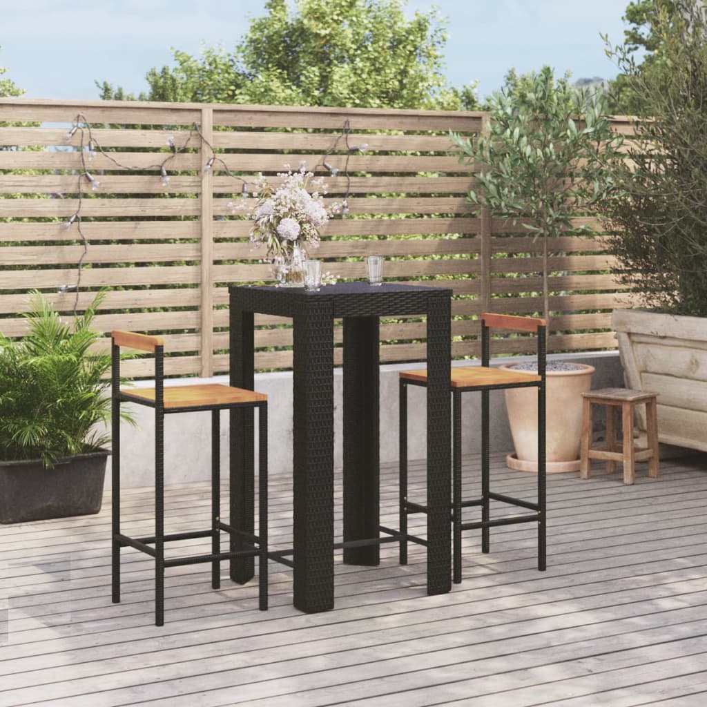 Ensemble de bar jardin 3 pcs noir poly rotin/bois massif acacia