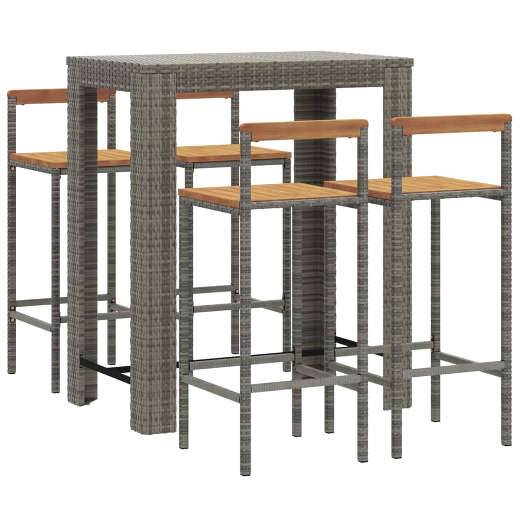Ensemble de bar jardin 5 pcs gris poly rotin/bois massif acacia
