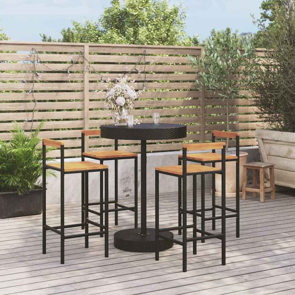 Ensemble de bar jardin 5 pcs noir poly rotin/bois massif acacia