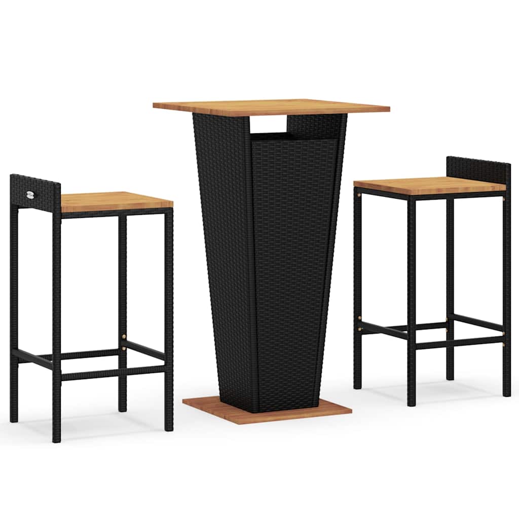 Ensemble de bar jardin 3 pcs noir poly rotin/bois massif acacia