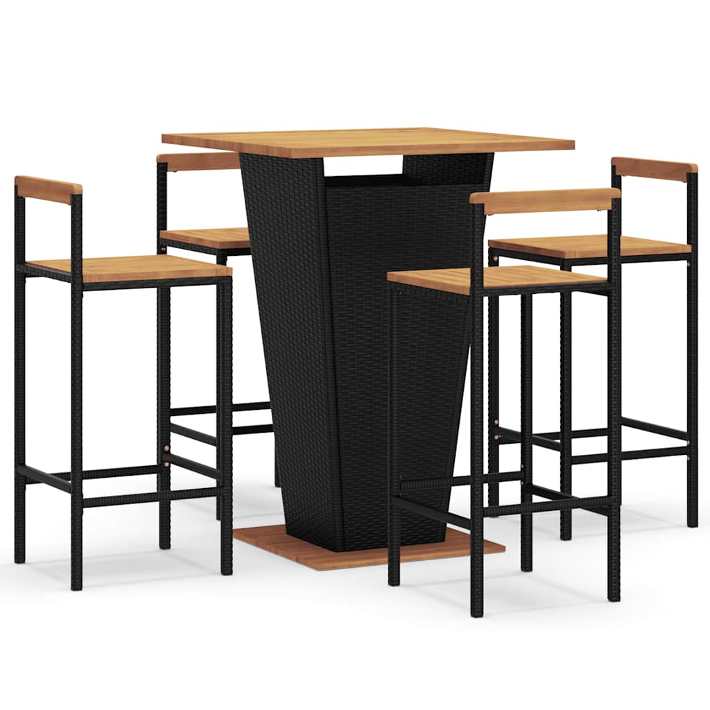 Ensemble de bar jardin 5 pcs noir poly rotin/bois massif acacia