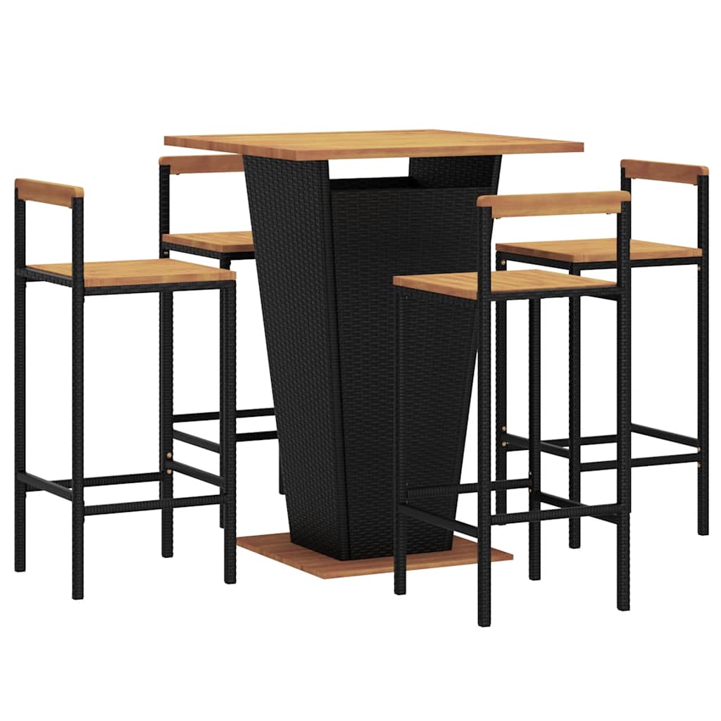 Ensemble de bar jardin 5 pcs noir poly rotin/bois massif acacia