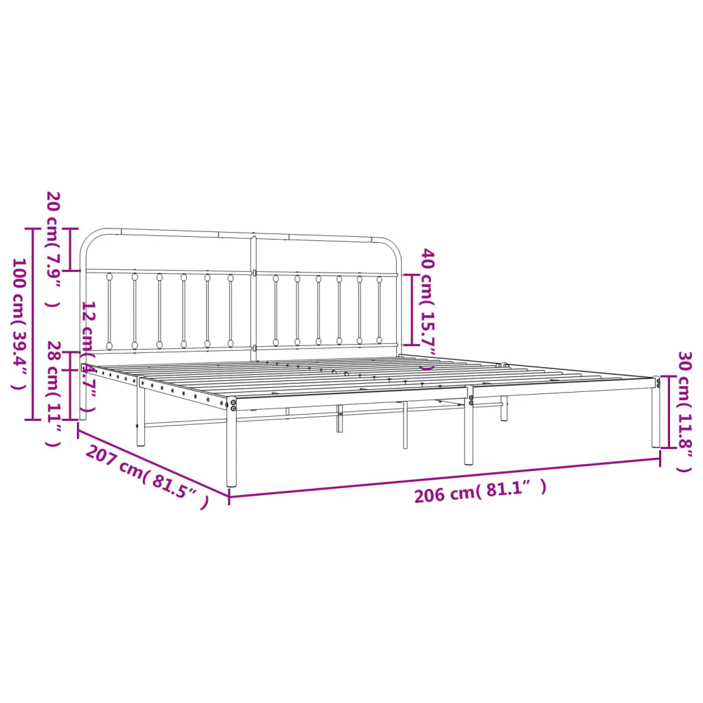 Cadre de lit métal sans matelas avec tête de lit noir 200x200cm - XIOS