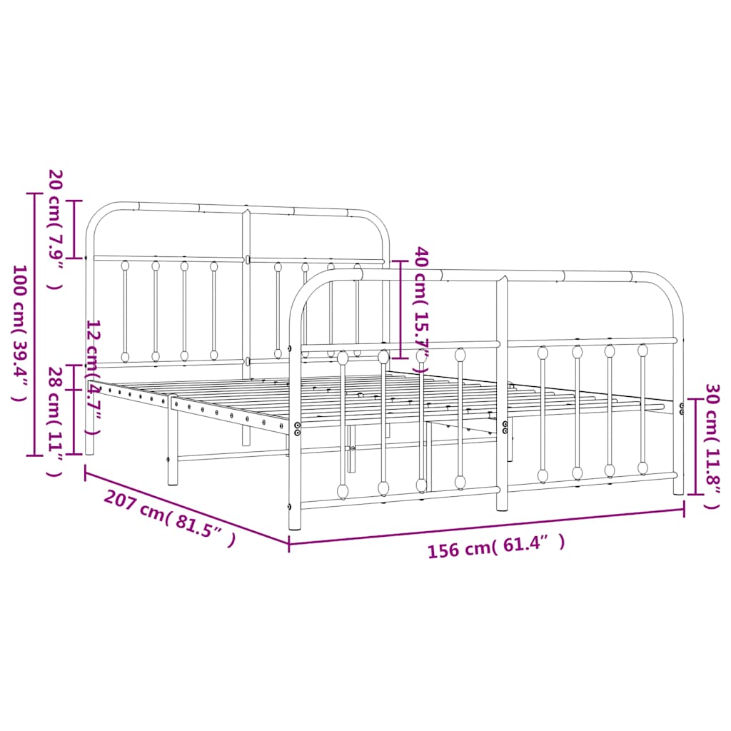Cadre de lit métal sans matelas avec pied de lit noir 150x200cm