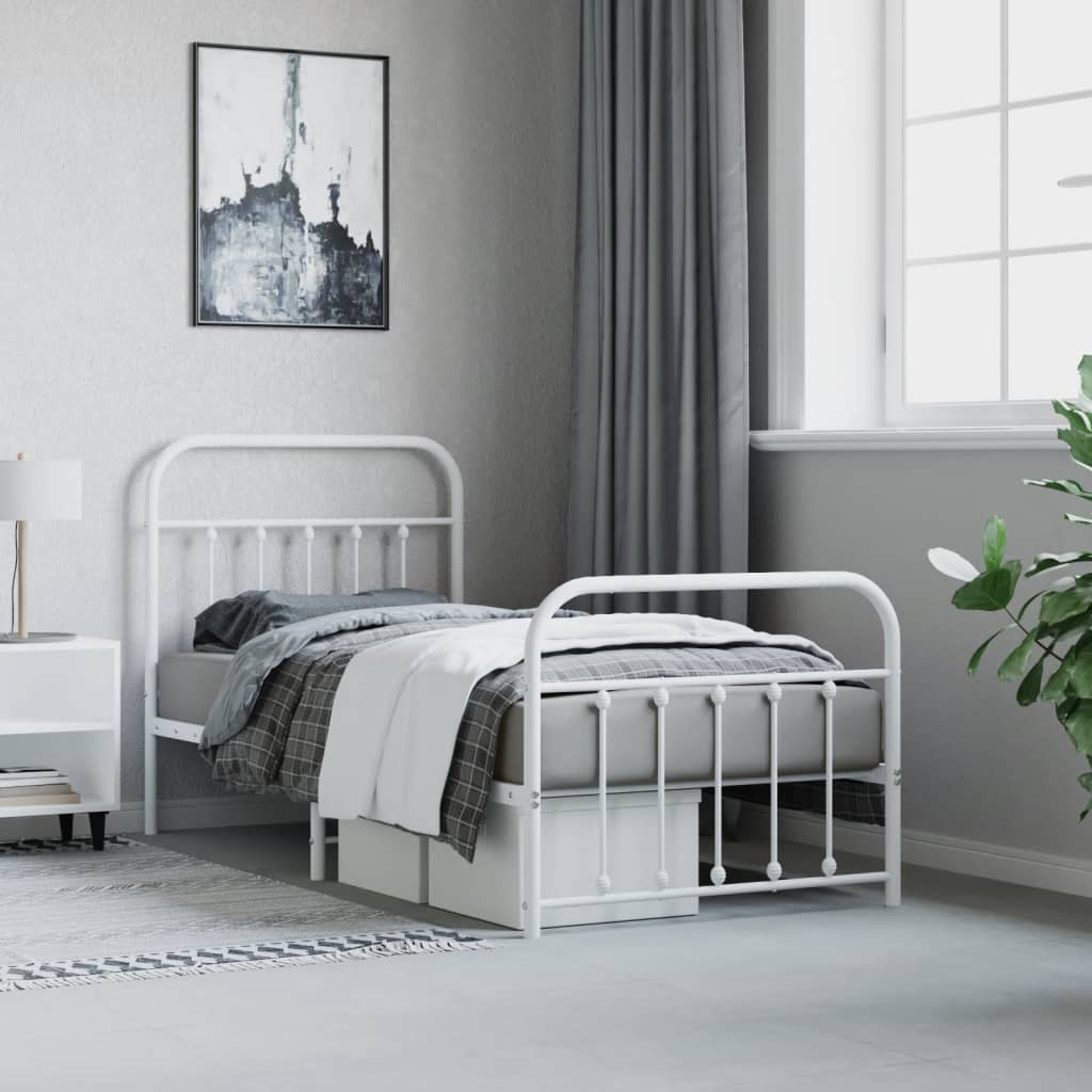 Cadre de lit métal sans matelas avec pied de lit blanc 90x190cm - XIOS