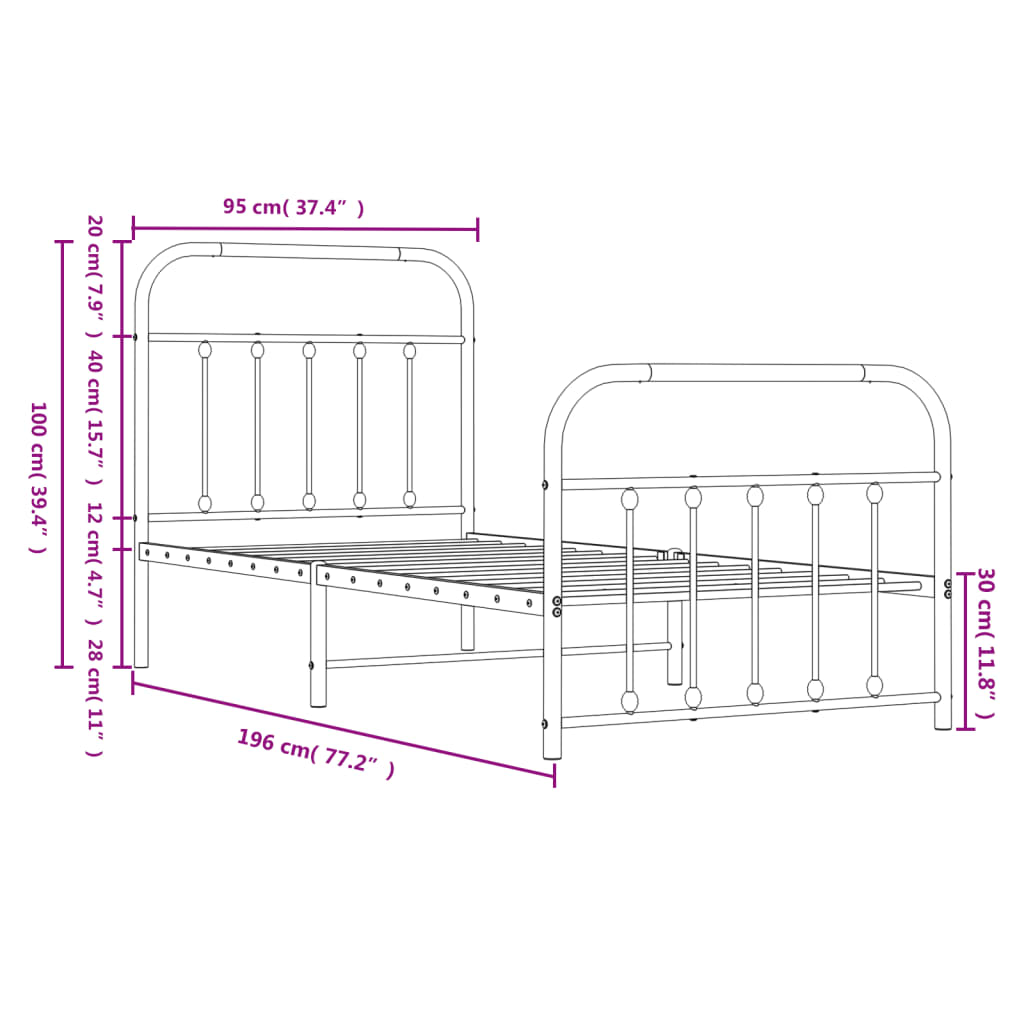Cadre de lit métal sans matelas avec pied de lit blanc 90x190cm - XIOS
