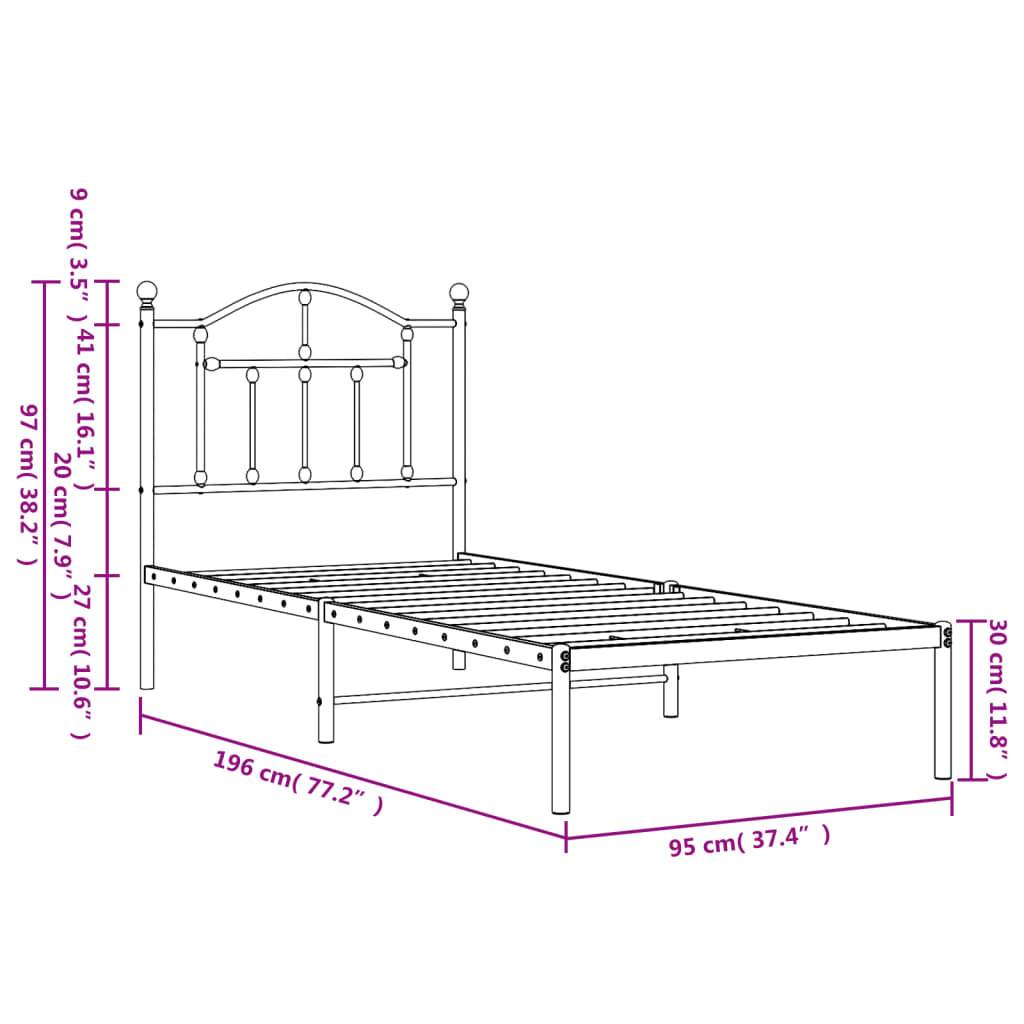 Cadre de lit métal sans matelas avec tête de lit noir 90x190 cm - XIOS