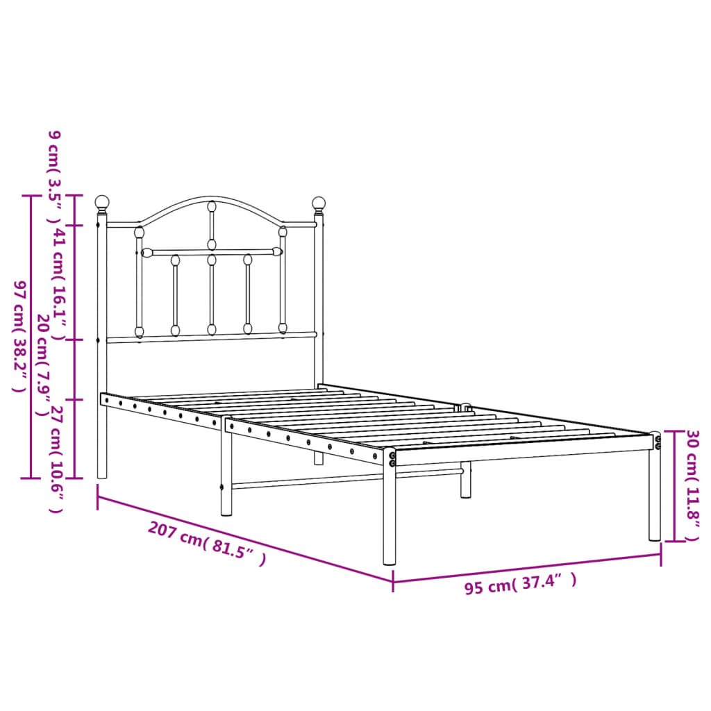 Cadre de lit métal sans matelas avec tête de lit noir 90x200 cm - XIOS