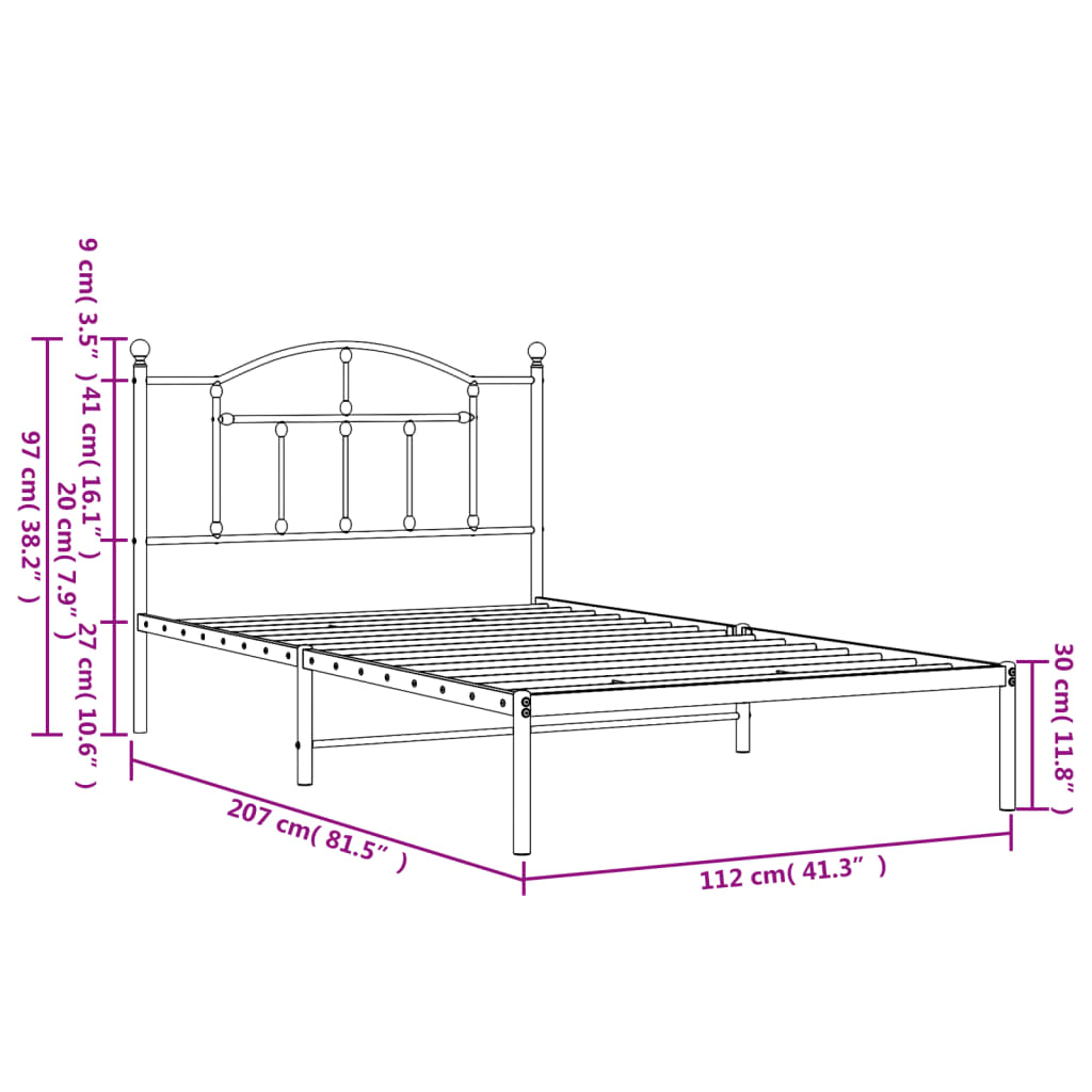 Cadre de lit métal sans matelas avec tête de lit noir 107x203cm - XIOS