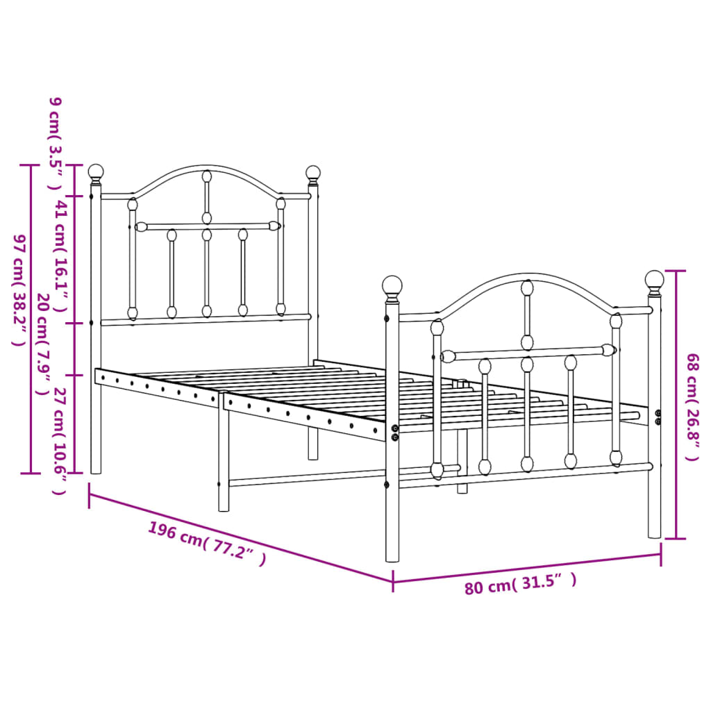 Cadre de lit métal sans matelas avec pied de lit noir 75x190 cm - XIOS