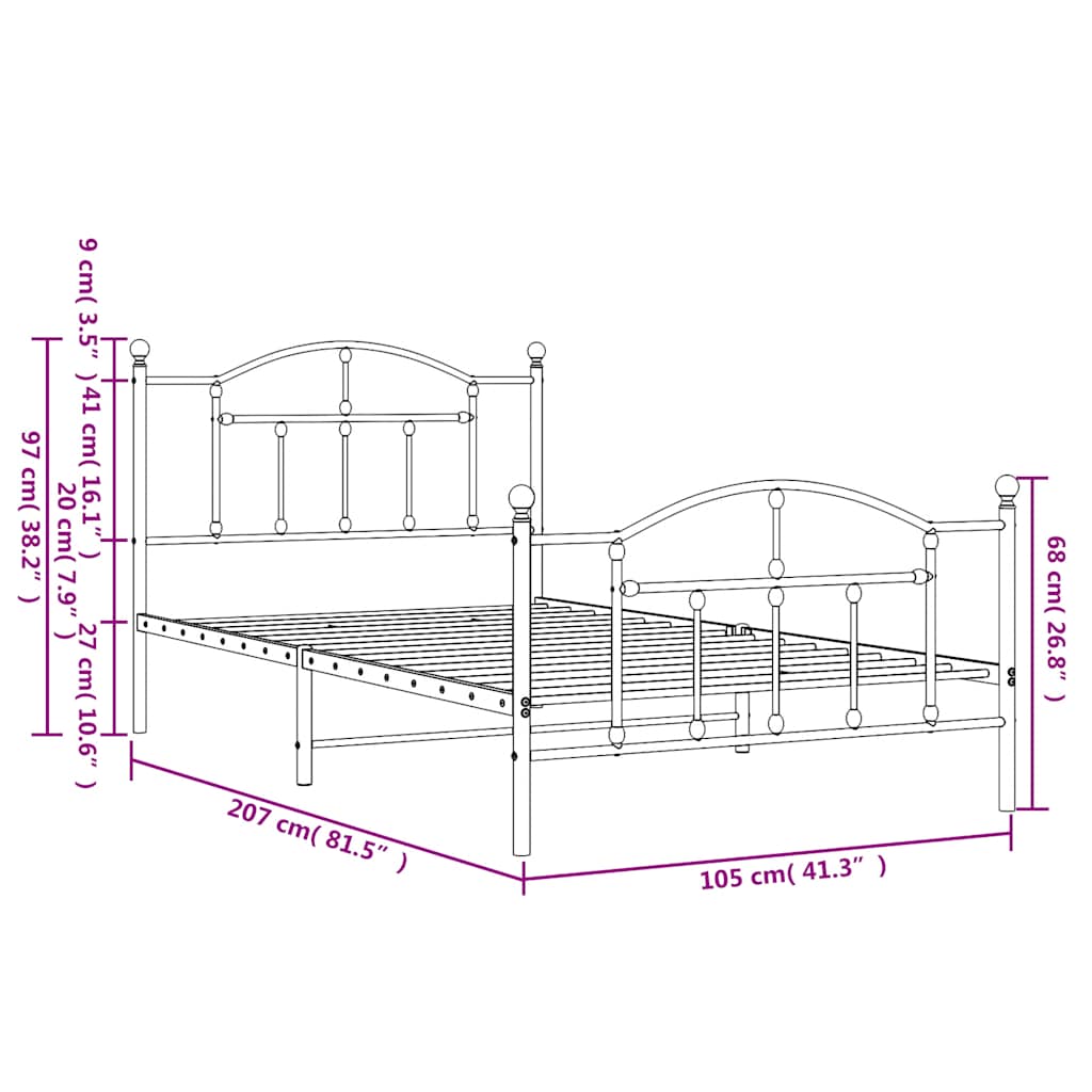 Cadre de lit métal sans matelas et pied de lit noir 100x200 cm - XIOS
