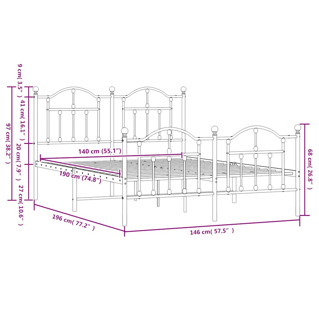 Cadre de lit métal sans matelas avec pied de lit noir 140x190cm - XIOS