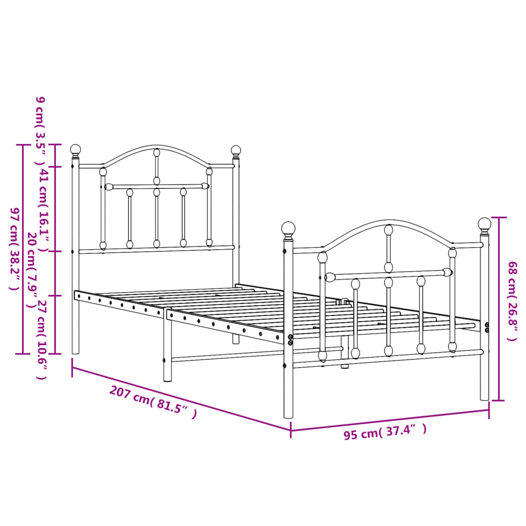 Cadre de lit métal sans matelas avec pied de lit blanc 90x200cm - XIOS