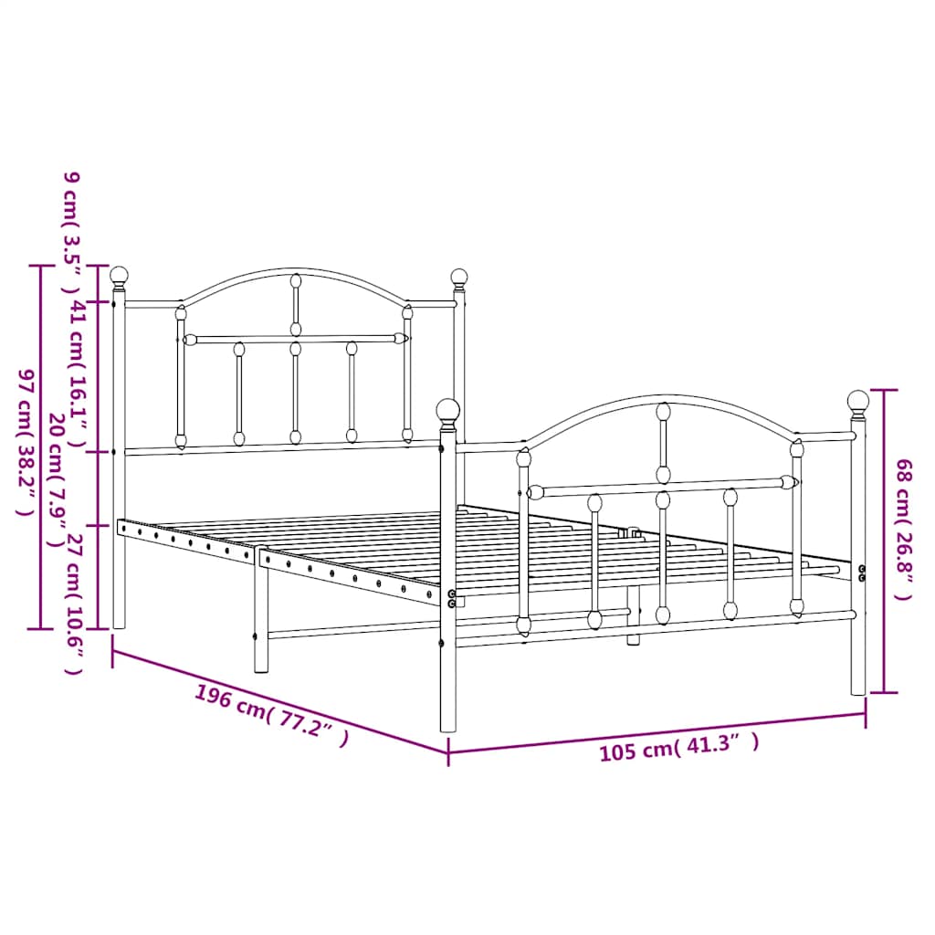 Cadre de lit métal sans matelas et pied de lit blanc 100x190 cm - XIOS
