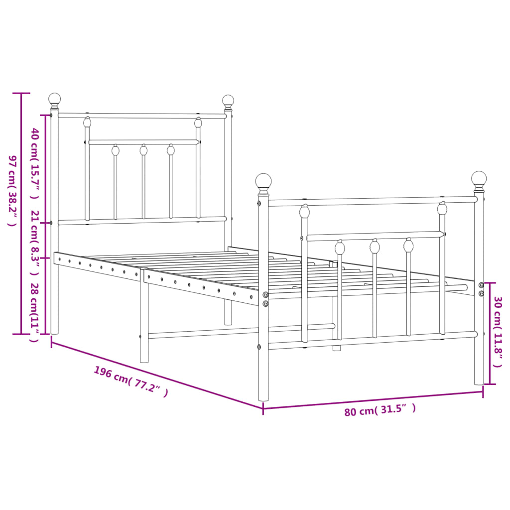 Cadre de lit métal sans matelas avec pied de lit noir 75x190 cm - XIOS