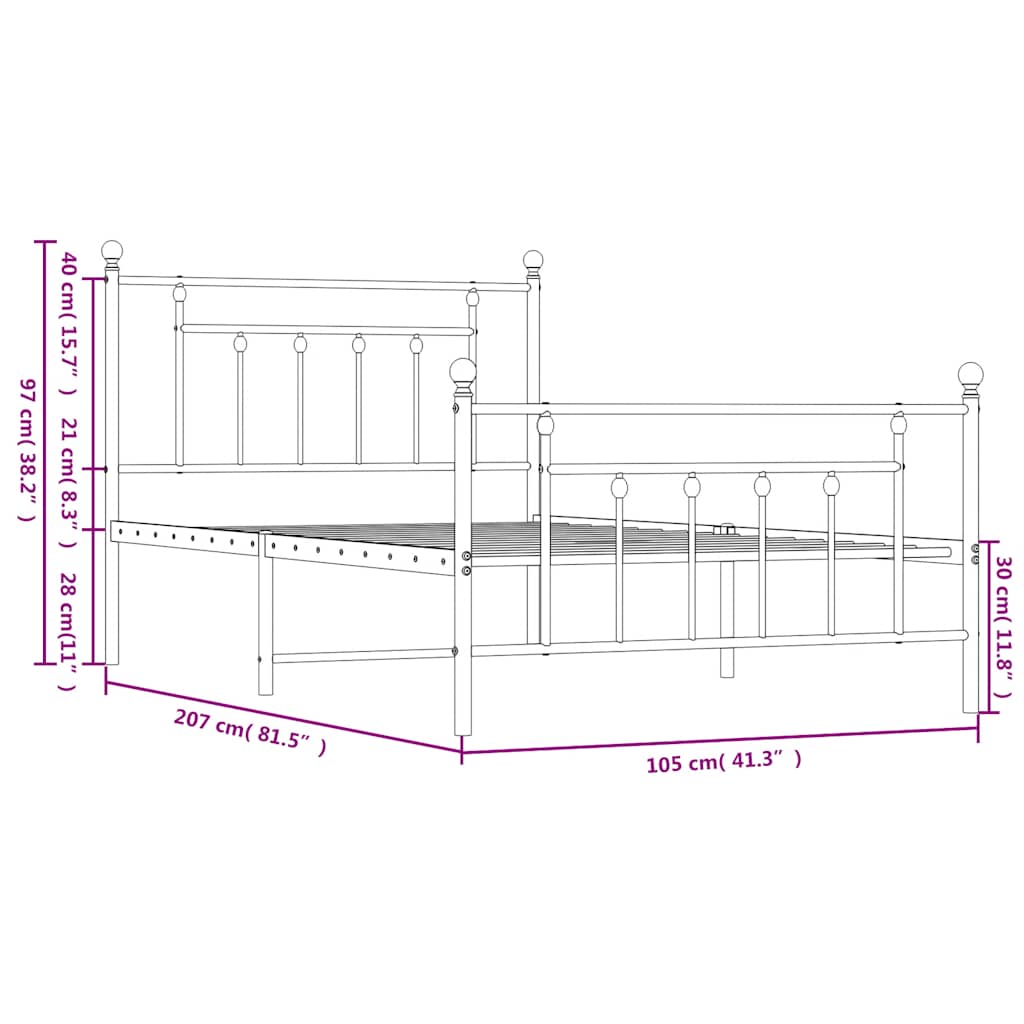 Cadre de lit métal sans matelas et pied de lit noir 100x200 cm - XIOS