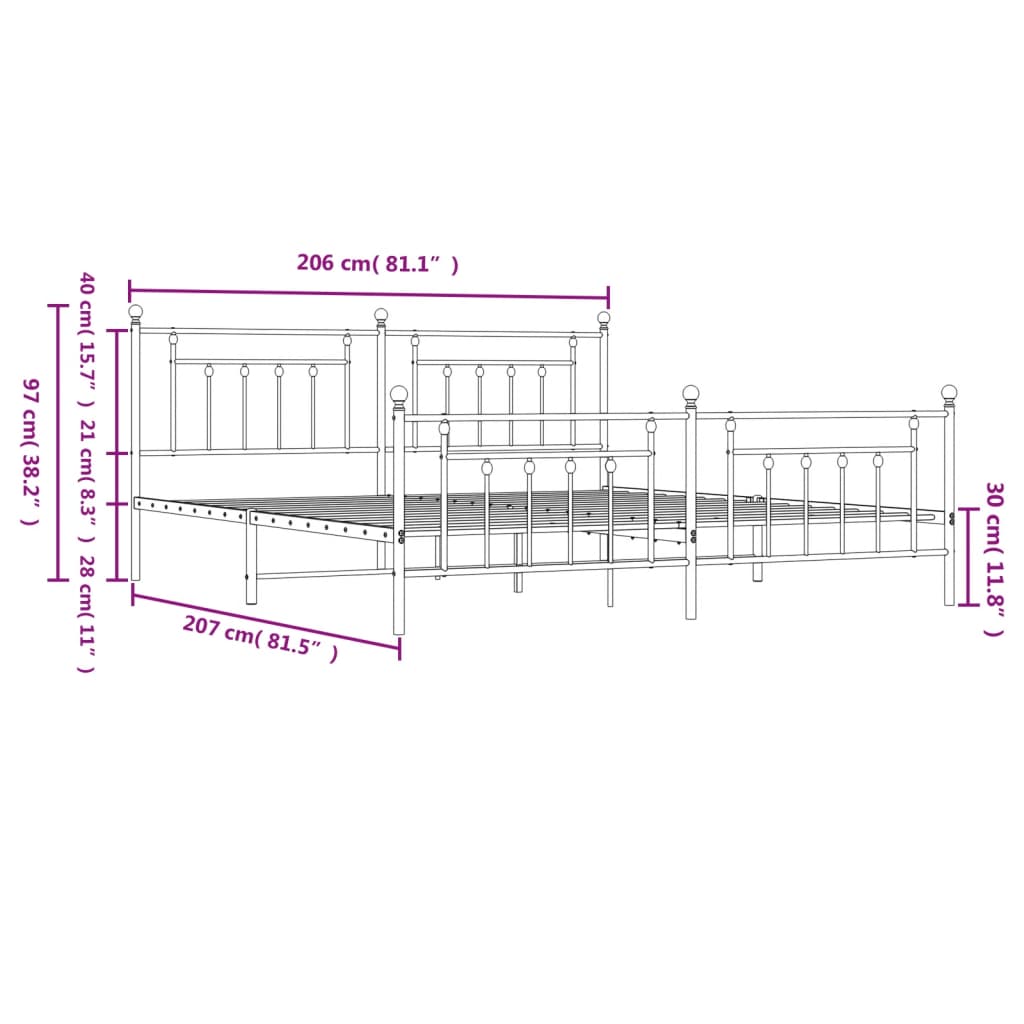 Cadre de lit métal sans matelas avec pied de lit noir 200x200cm - XIOS