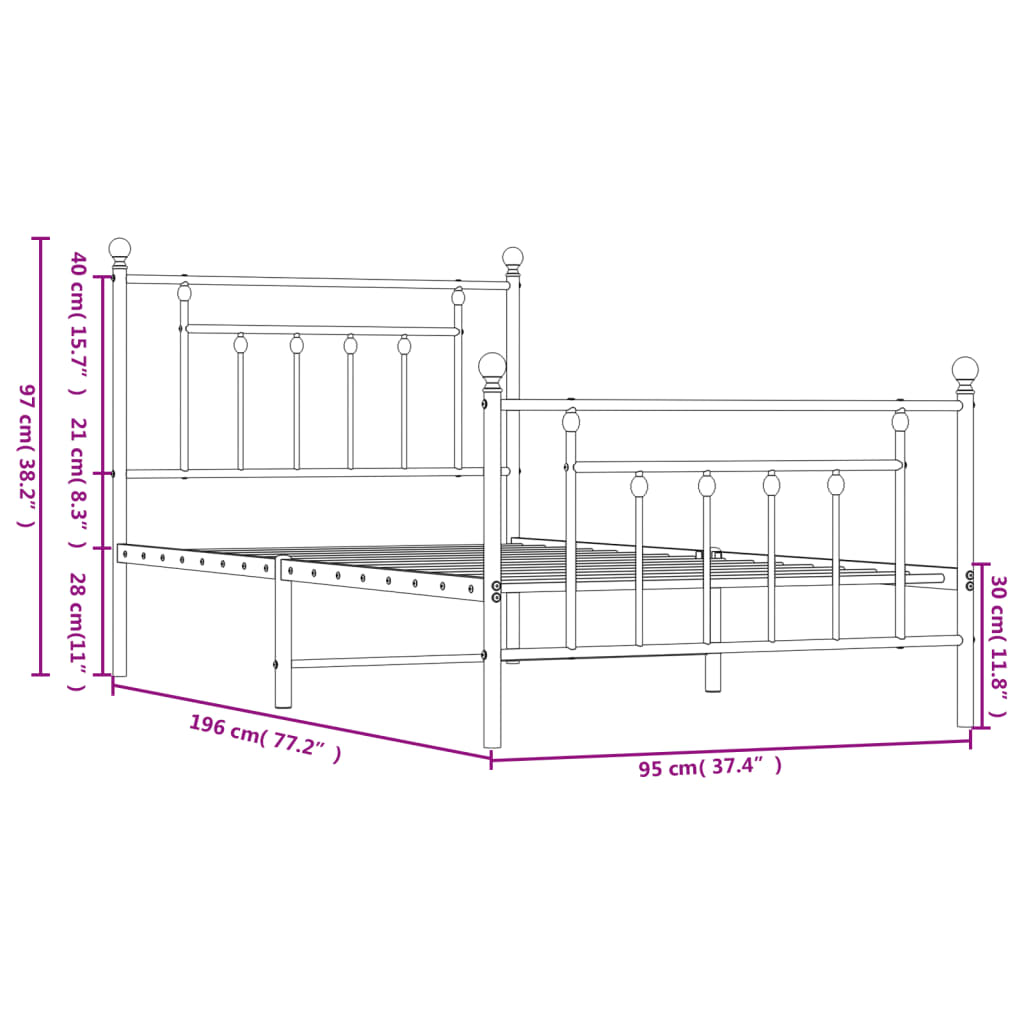 Cadre de lit métal sans matelas avec pied de lit blanc 90x190cm - XIOS
