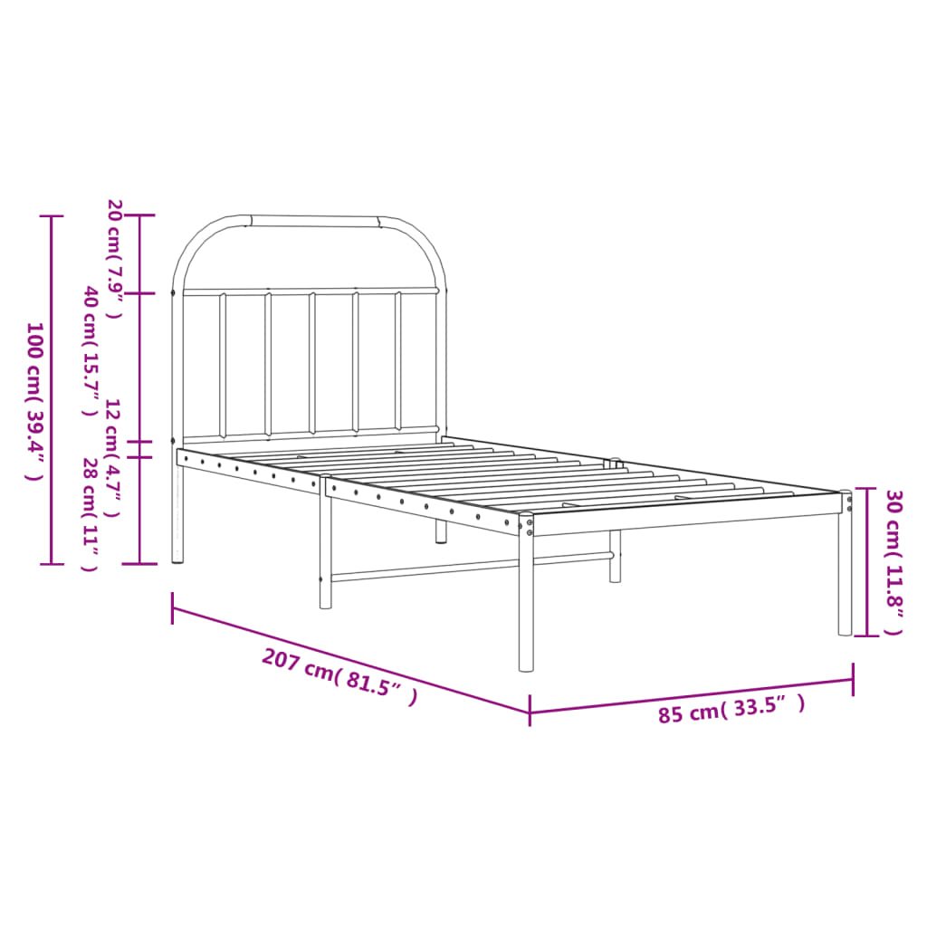 Cadre de lit métal sans matelas avec tête de lit noir 80x200 cm - XIOS