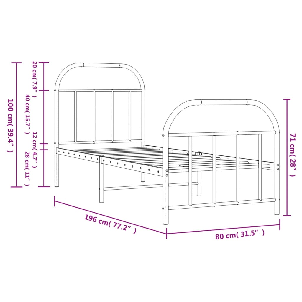 Cadre de lit métal sans matelas avec pied de lit noir 75x190 cm - XIOS