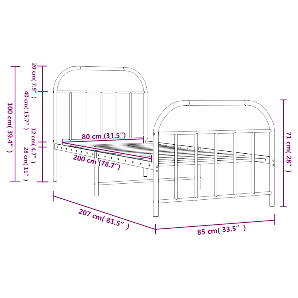 Cadre de lit métal sans matelas avec pied de lit noir 80x200 cm - XIOS