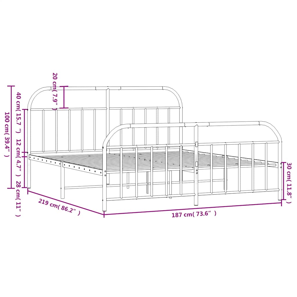 Cadre de lit métal sans matelas avec pied de lit noir 183x213cm - XIOS