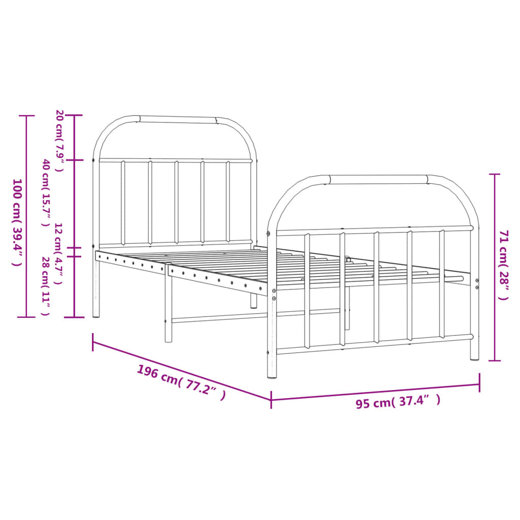 Cadre de lit métal sans matelas avec pied de lit blanc 90x190cm - XIOS