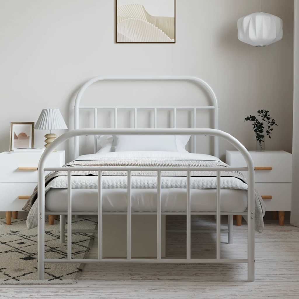 Cadre de lit métal sans matelas et pied de lit blanc 100x190 cm