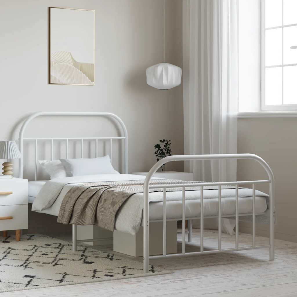 Cadre de lit métal sans matelas et pied de lit blanc 100x190 cm