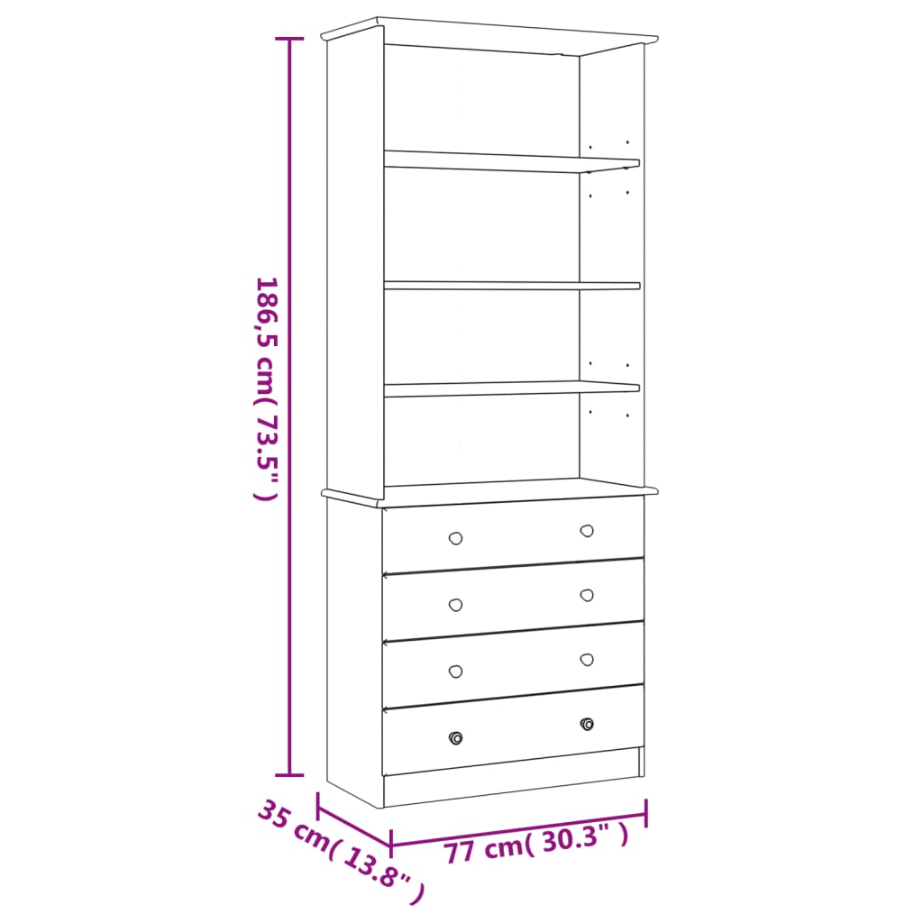 Bibliothèque tiroirs ALTA blanc 77x35x186,5cm bois massif pin - XIOS