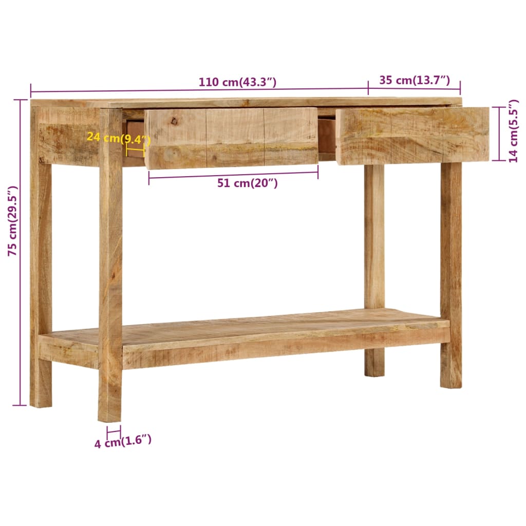 Table console et 2 tiroirs 110x35x75 cm bois de manguier solide