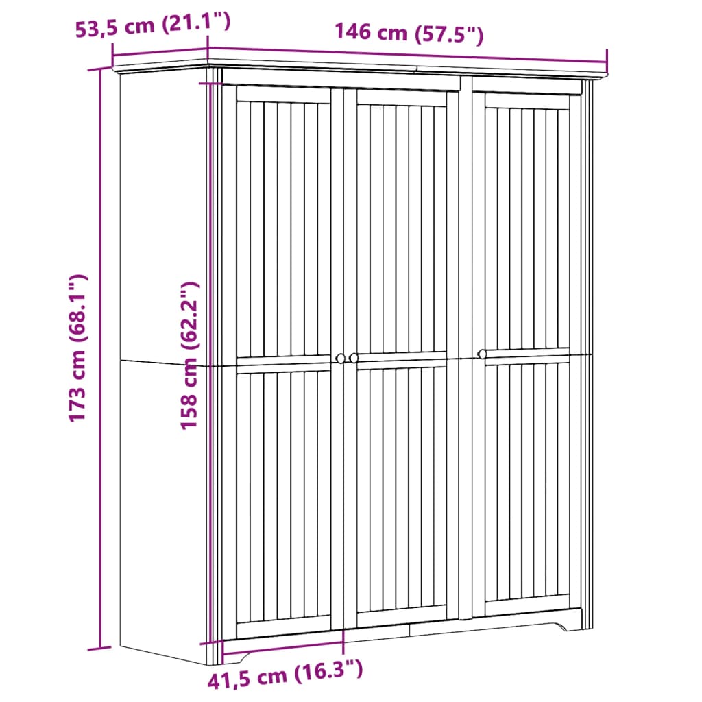 Garde-robe BODO blanc marron 146x53,5x173 cm bois massif de pin - XIOS